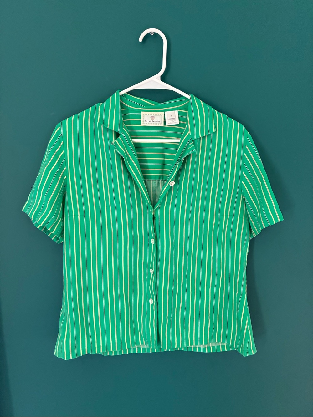 Vintage Green Striped Short-Sleeve Button-Up Top